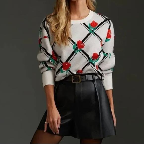 Anthropologie Maeve Crewneck Trellis Rose Floral Pullover Sweater Size XS - Picture 2 of 8